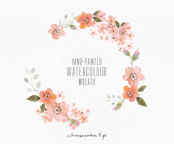 Hochzeit - Watercolor wreath: 1 PNG floral clip art / Wedding invitation clip art / commercial use / Peach blossom / CM0063a