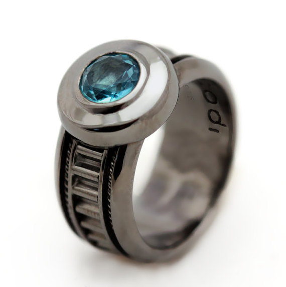 زفاف - Unique black ring, Ring for men, Black Engagement Ring, Aquamarine gemstone, Steampunk Ring, Unisex ring, Personalized Ring, Black jewelry