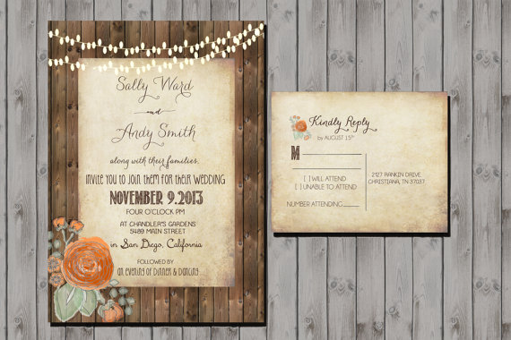 Hochzeit - Rustic Wedding Invitation with wood planks and hanging lights, Package
