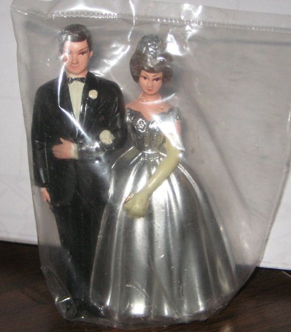 Wedding - Sweet Chic 1970s Wedding Cake Topper Bride Groom Silver Anniversary 25 Years