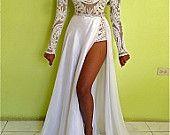 Wedding - GISELLE Custom Ivory Sheer Bodysuit & Crystal Belt Full Silk Chiffon Skirt Layered Gown Dress