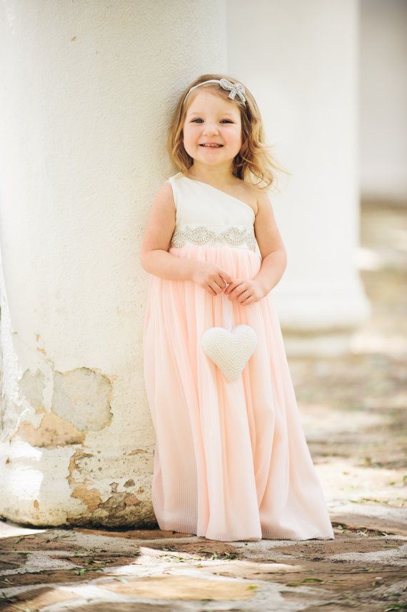 Hochzeit - Peach Flower Girl Dress / Special Occasion Dress / Rhinestone Sash / Ivory Or White