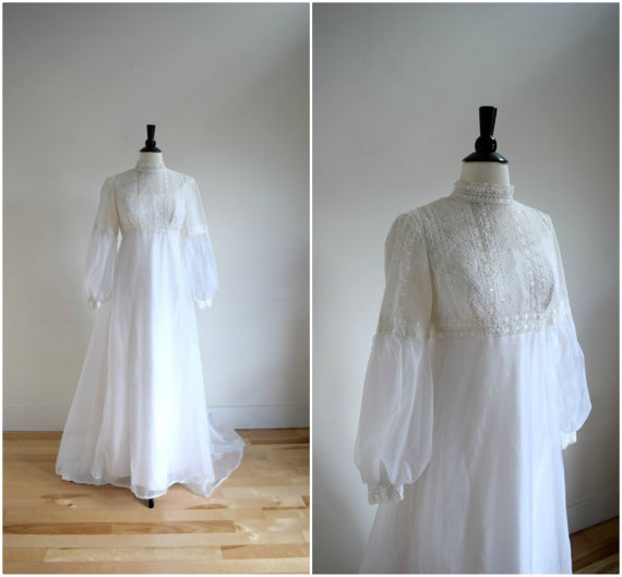 Hochzeit - Vintage mid century bohemian long sleeved wedding gown / Bridal Originals white chiffon dress with lace bodice / 1960's high neck gown