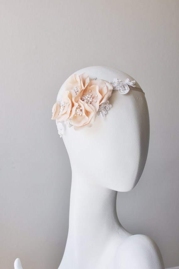 Wedding - Wedding Hair Comb, Blush Flower Bridal Hairpiece, Lace Headpiece with Blush Flowers and Crystals, Blush Bridal Accessories, Lace Headband