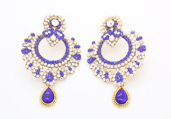 Hochzeit - Stunning Handmade Ram Leela Pearl & Kundan Stone Royal Blue Gold Cerise Indian Bollywood Vintage Earrings Wedding Bridal Party Prom