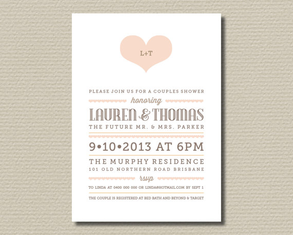 زفاف - Printable Couples Shower Invitation - Retro Heart - Peach & Brown (BR135)