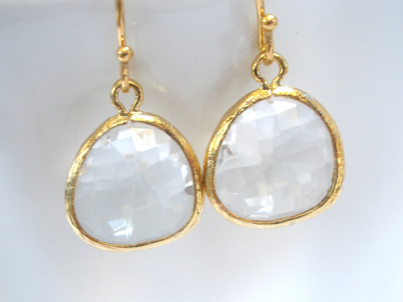 Mariage - White Earrings, Crystal Glass Earrings, Crystal Earrings Gold Clear Earrings, Bridesmaid Earrings, Bridal Earrings Jewelry, Bridesmaid Gift
