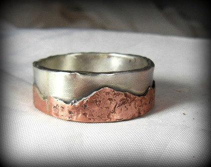 Hochzeit - Mountain range silver and copper wedding band, Mens Ring, unisex jewelry, custom made rustic sterling ring