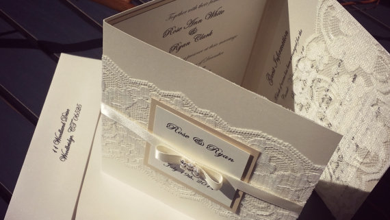 Hochzeit - Pocketfold Lace Invitation Card w 3 inserts RSVP , Information  and Reception included in Ivory. Two lace pockets to hold inserts. Invite