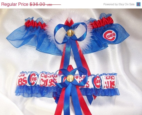 Свадьба - SALE CHICAGO CUBS Inspired Wedding Garter Set with Marabou Pouf