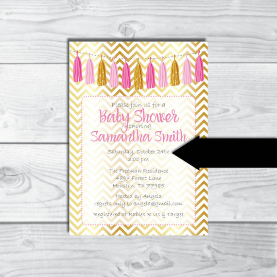 زفاف - Pink & Gold Tassel Baby Shower/Birthday Invitation Card-Chevron Baby Shower Invitation-Digital File