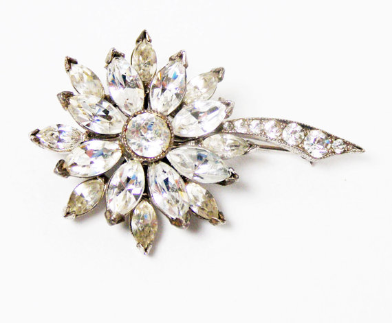 زفاف - Stunning Sterling Silver Rhinestone Brooch Vintage Jewelry