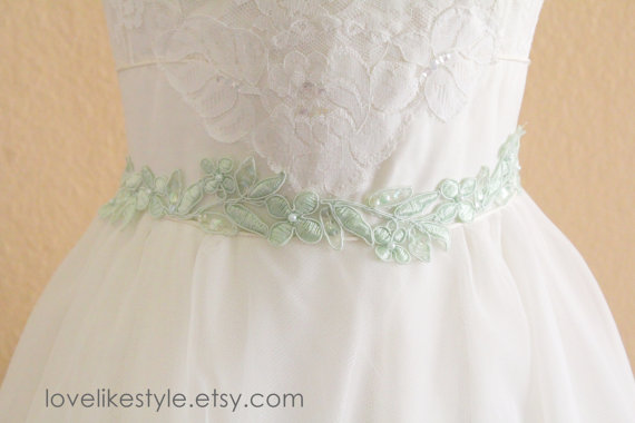 Wedding - Mint Pearl and Sequined Lace Sash, Mint Sash, Bridal Sash, Bridesmaid Sash, Flower Girl Sash
