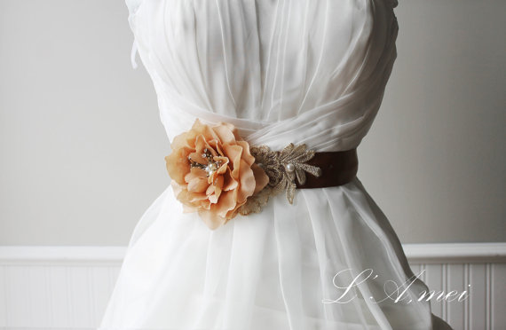 Hochzeit - Handmade Golden Lace Flower Sash Bridal Belt, Golden wedding Sash belt