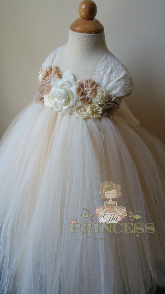 Wedding - Flower girl dress, ivory and champagne tutu dress