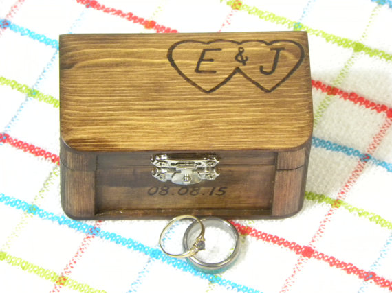 Wedding - Personalized Ring Bearer Box Alternative Pillow with 2 Hearts for Wedding Anniversary Ceremony Engraved Wood burned for You