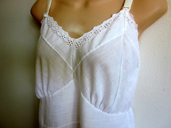 زفاف - Vintage full Slip white cotton and lace nightgown sexy plus size lingerie 42 bust