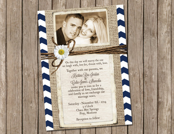Mariage - Navy and White, Daisy, Burlap Wedding, Invitation, Twine, Printable, Digital File Personalized, 5x7