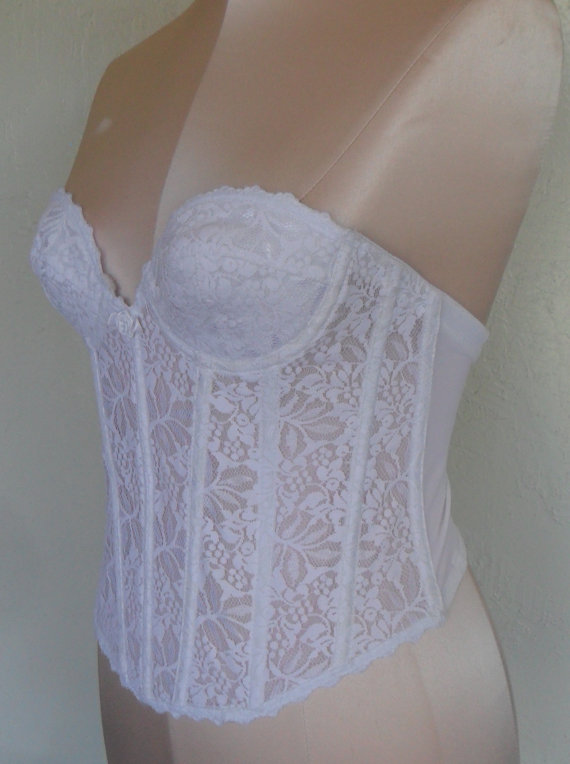 Свадьба - Corset Bustier White Lacy Bodice by Fredrick's of Hollywood Size 32B Vintage