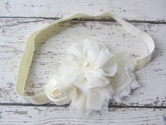 Mariage - Cream Flower Ivory FOE Elastic Headband Newborn Prop Baptism Wedding Headband