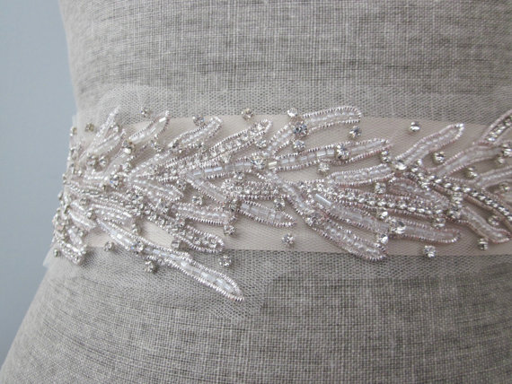 Wedding - Beach wedding silver Beaded & Rhinestone sash / belt, Coral motif sash