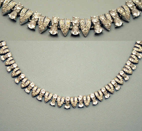 Wedding - Vintage Crystal Rhinestone Necklace Clear Transparent White Diamond Silver Wedding Bridal Jewelry 1940s Delicate Elegant Necklace Evans