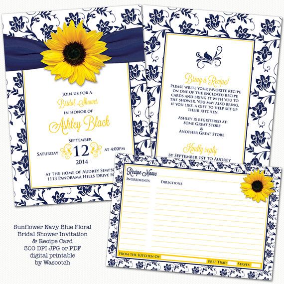 Hochzeit - Sunflower Navy Blue Floral Ribbon Bridal Shower Invitation & Recipe Card Digital Printable