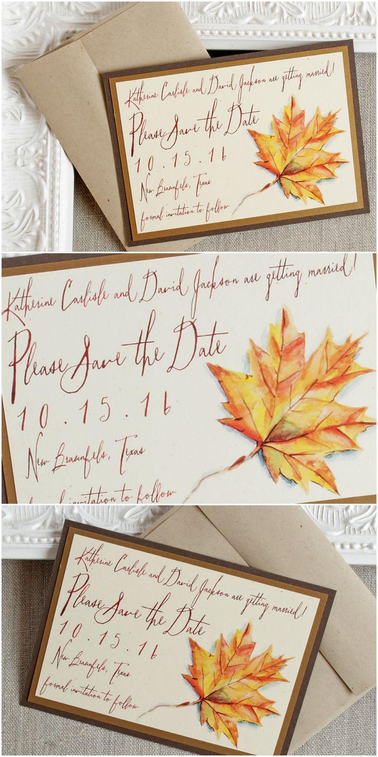 Hochzeit - Autumn Foliage Watercolor Save The Date Cards Rustic Wedding Fall Leaf