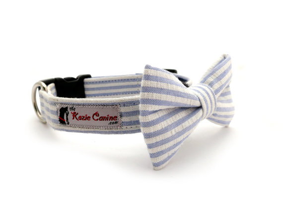 زفاف - Seersucker Dog Collar (Blue , White Striped Dog Collar Only - Matching Bow Tie Available Separately for Wedding & Special Occasion)