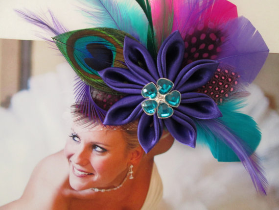 Mariage - Purple Wedding Hair Clip, Peacock Bridal Fascinator Hair Piece, Teal Pink Feathers, Purple Kanzashi, Birdcage Veil French Net, Sophisticated