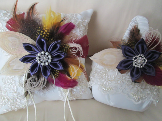 Wedding - RESERVED for STACEY VANDENADEL-- Autumn Inspiration Wedding Ring Pillow & Flower Girl Basket, Peacock Feathers, Rustic Feathers