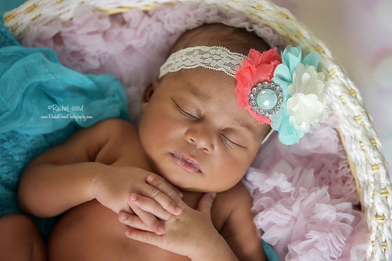 Wedding - Flower Baby Headband {Journey} - Coral Mint Aqua Cream Ivory Lace - All Sizes