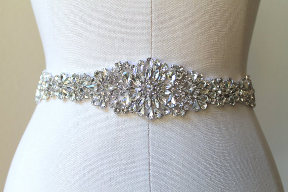 Wedding - Elegant beaded crystal bridal ribbon sash. Rhinestone applique wedding belt. 17 3/4 inches. JEWEL CRYSTAL II
