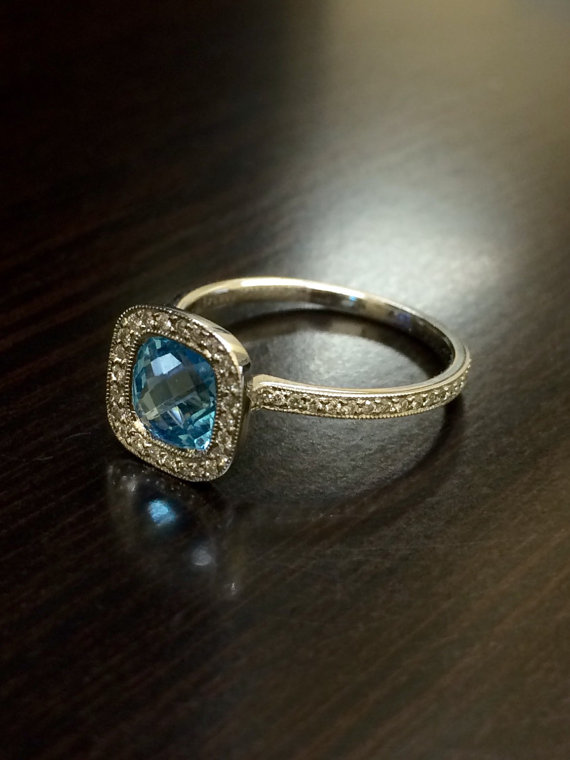 زفاف - 14K White Gold Blue Topaz Halo Diamond Engagement Ring - 14K Gold Blue Topaz Diamond Wedding Ring - 14K Blue Topaz Ring - Halo Diamond Ring
