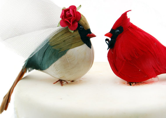 Wedding - Country Cardinal Cake Topper in Red, Brown and Gray: Bride and Groom Woodland Wedding Cake Topper - Anniversary
