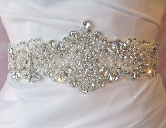 زفاف - Crystal Rhinestone and Pearl Sash, Beaded Bridal Sash, Wedding Belt, Wedding Sash, White, Diamond White, Ivory, Champagne - PETRA