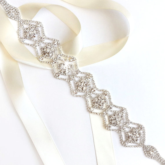 Hochzeit - Scalloped Rhinestone Wedding Dress Sash - Silver Rhinestone Encrusted Bridal Belt Sash - Crystal Extra Wide Wedding Belt