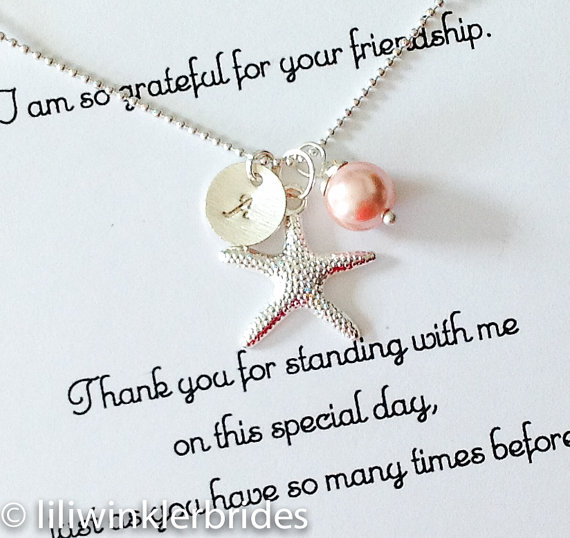 Hochzeit - Bridesmaid Gift Necklace, Starfish Pearl Initial Cluster, Birthstone Silver Personalized Jewelry, Nautical Wedding, Beach wedding gift