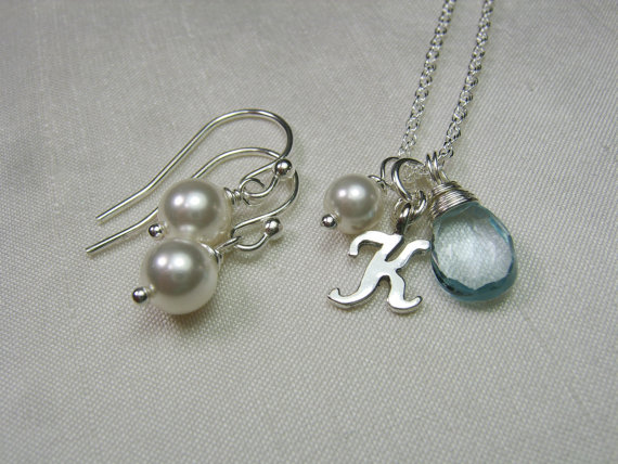 زفاف - Personalized Bridesmaids Gifts  - Set of 4 -  Gemstone Bridesmaid Jewelry - Initial Bridesmaid Necklace Earrings - Wedding Jewelry