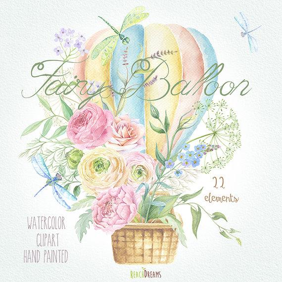 زفاف - Watercolor Fairy Balloon with Flowers and Herbs, Hand Painted Clip Art  Wedding invite, Greeting card, DIY, Baby Shower, Ranunculus, Roses