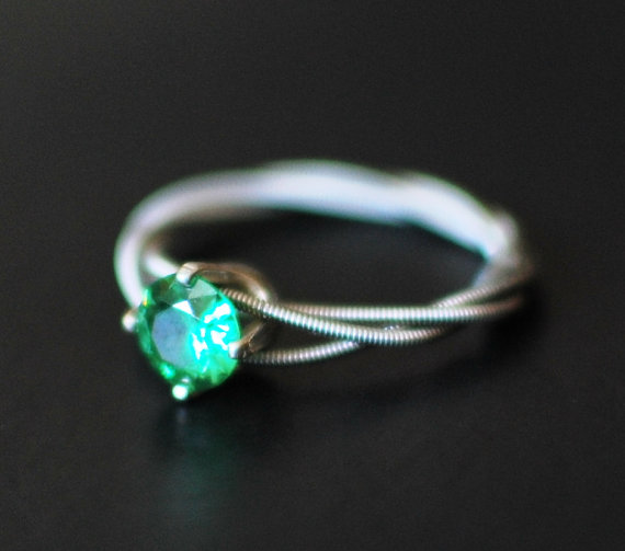 Wedding - Guitar String Engagement or Purity Ring, May Birthstone,Triple Wrapped, 6mm  Green Cubic Zirconium with Sterling Silver Setting