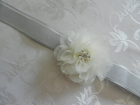 Wedding - Sash, Bridal Wedding Dress Sash Belt,  bridal gown sash, silver gray belt, silk flower sash, 3 cm silk satin ribbon, gatsby,1920, bride belt