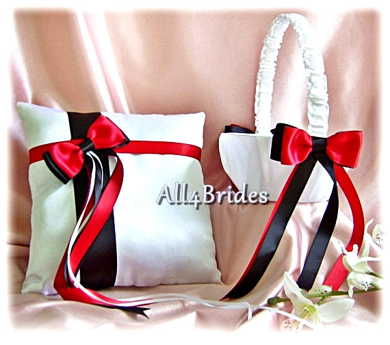 زفاف - Weddings Red and Black Flower Girl Basket and Ring Bearer Pillow, ring cushion and basket set.