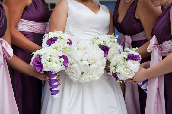 زفاف - Cream White Silk Peony and Real Touch Rose  Wedding Bridal Bouquet Set
