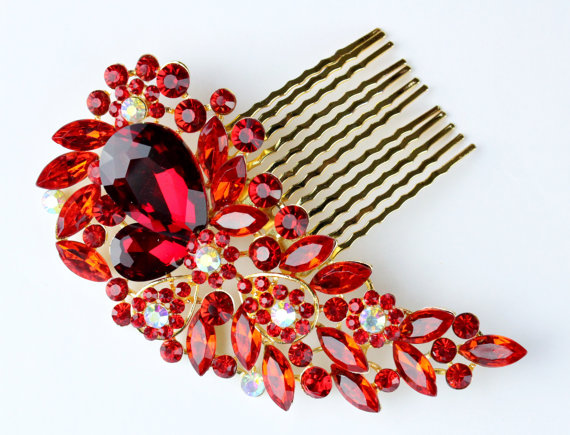 Mariage - Vintage Style Encrusted Red Gold Clear Diamante Crystal Gem Hair Comb Fascinator Hair Grip Slide Bridal Wedding Bridesmaids