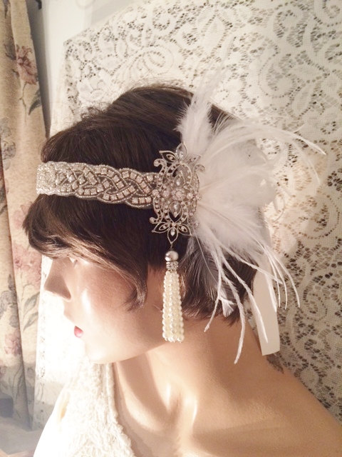 زفاف - GATSBY headpiece flapper headband fascinator1920s Headband, Gatsby Headband,  1920's headpiece, ivory silver, Bohemian, 1920s Hair Accessory