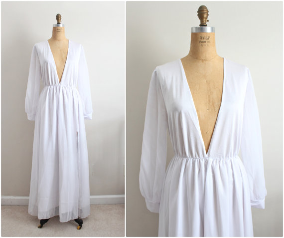 Mariage - 1970s Namaste Dress / White Maxi Dress / 70s Wedding Dress / Slip Dress / Lingerie /Size L/XL