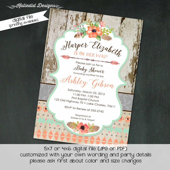 Hochzeit - tribal baby shower invitation BOHO bridal shower wedding arrows feathers wood gender neutral gender reveal item 1445 shabby chic invitations