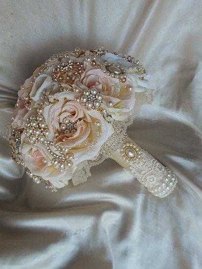 Wedding - PINK ROSE GOLD Brooch Bouquet - Deposit For Custom Made To Order Brides Brooch Bouquet - Rose Gold Bouquet , Brooch Bouquet, Jeweled Bouquet
