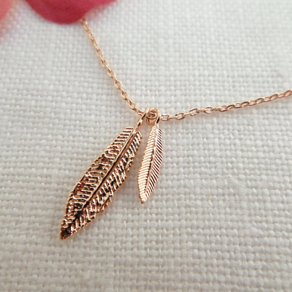 Wedding - Two Tiny Rose gold feather necklace...dainty handmade necklace, everyday, simple, birthday, wedding, bridesmaid jewelry
